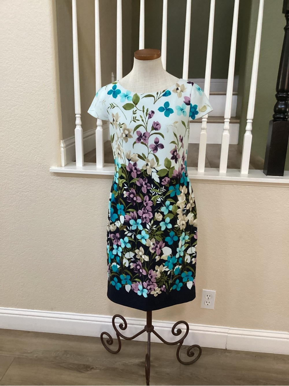 Eliza J Floral Shift Dress in Teal, Purple & White  (6)